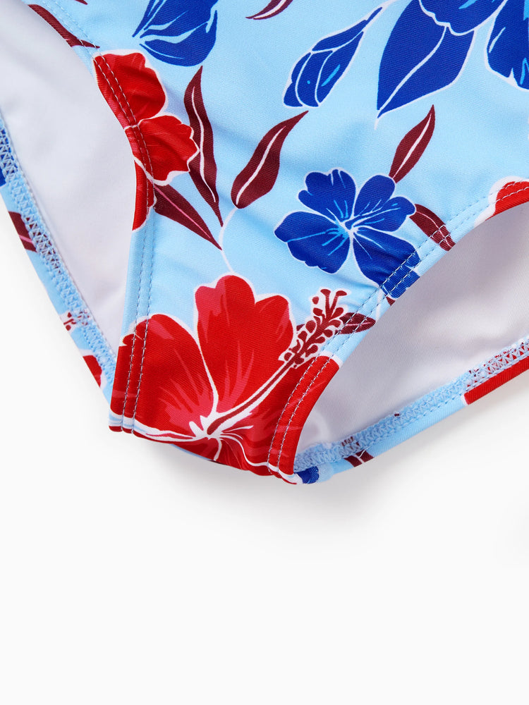 Matching Family Swimwear Floral Print Bikini & Swim Trunks Set for Mom, Dad, & Kids, Perfect for Summer Beach Days & Pool Parties Red