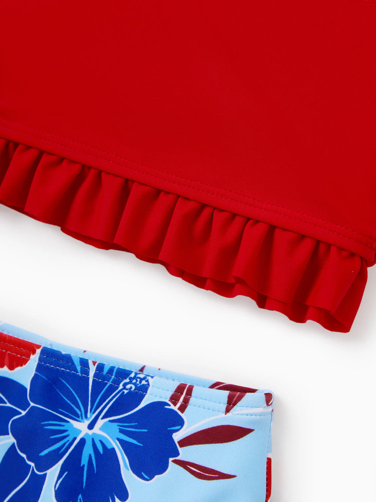 Matching Family Swimwear Floral Print Bikini & Swim Trunks Set for Mom, Dad, & Kids, Perfect for Summer Beach Days & Pool Parties Red