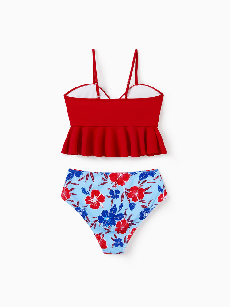 Mommy & me Swimwear Floral Print Bikini & Swim Trunks Set for Mom, Dad, & Kids, Perfect for Summer Beach Days & Pool Parties Red