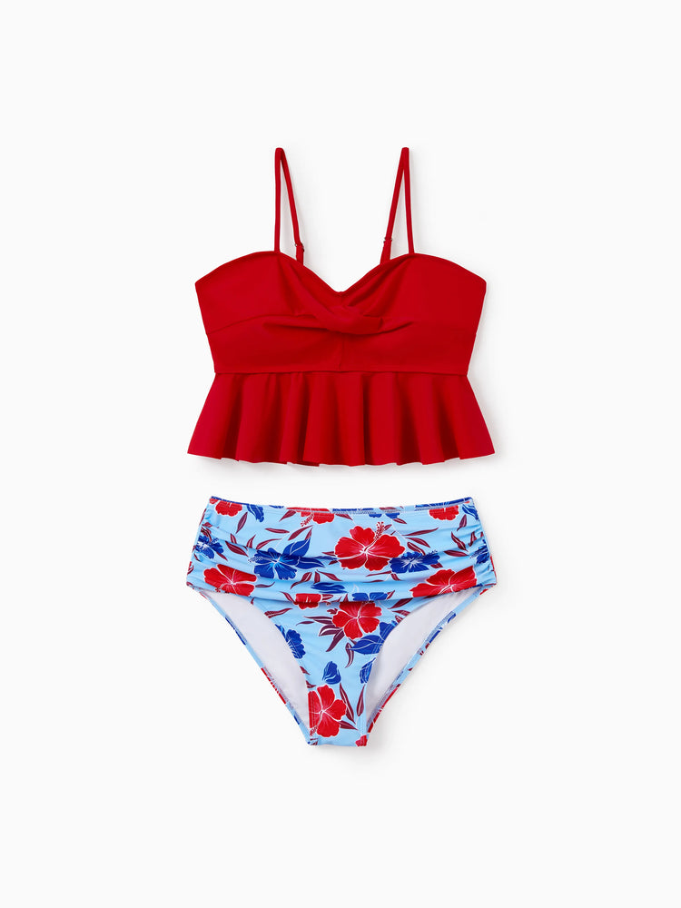 Matching Family Swimwear Floral Print Bikini & Swim Trunks Set for Mom, Dad, & Kids, Perfect for Summer Beach Days & Pool Parties Red