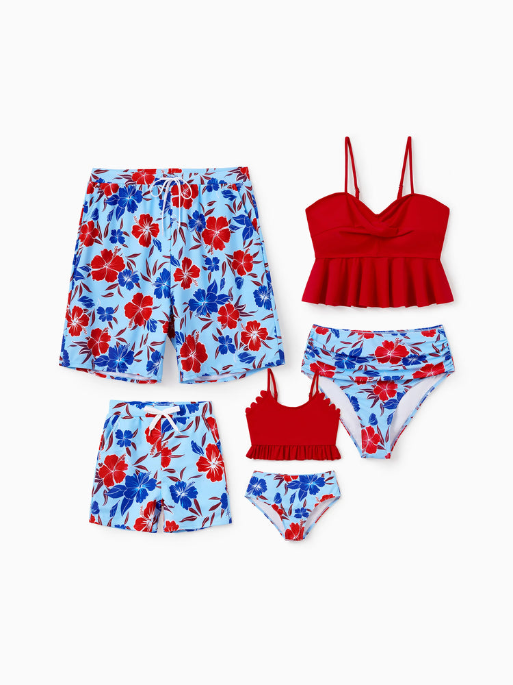 Matching Family Swimwear Floral Print Bikini & Swim Trunks Set for Mom, Dad, & Kids, Perfect for Summer Beach Days & Pool Parties Red