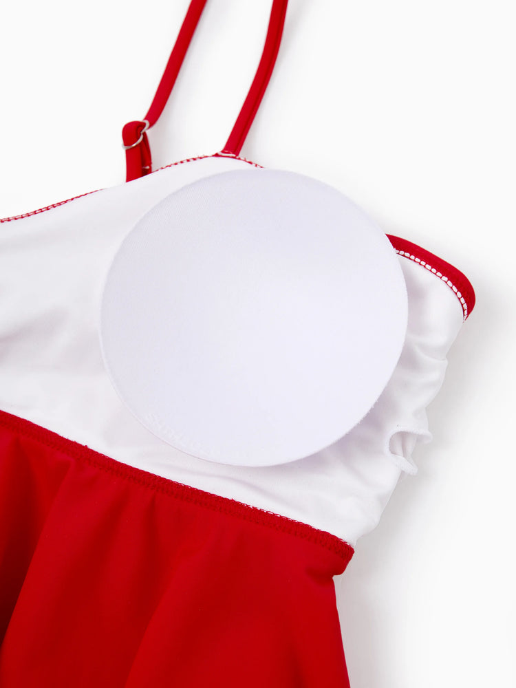 Mommy & me Swimwear Floral Print Bikini & Swim Trunks Set for Mom, Dad, & Kids, Perfect for Summer Beach Days & Pool Parties Red