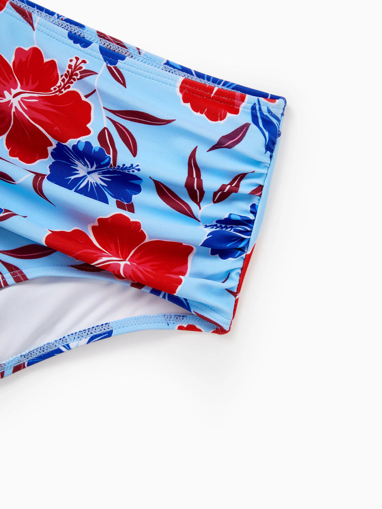 Mommy & me Swimwear Floral Print Bikini & Swim Trunks Set for Mom, Dad, & Kids, Perfect for Summer Beach Days & Pool Parties Red