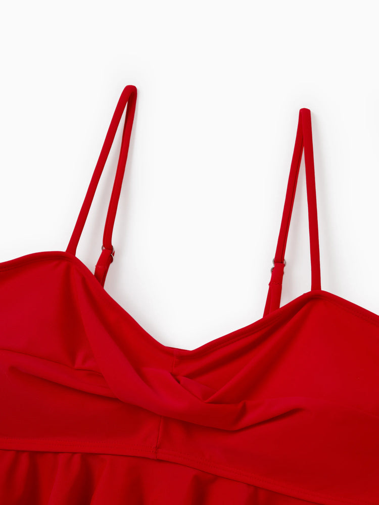 Matching Family Swimwear Floral Print Bikini & Swim Trunks Set for Mom, Dad, & Kids, Perfect for Summer Beach Days & Pool Parties Red