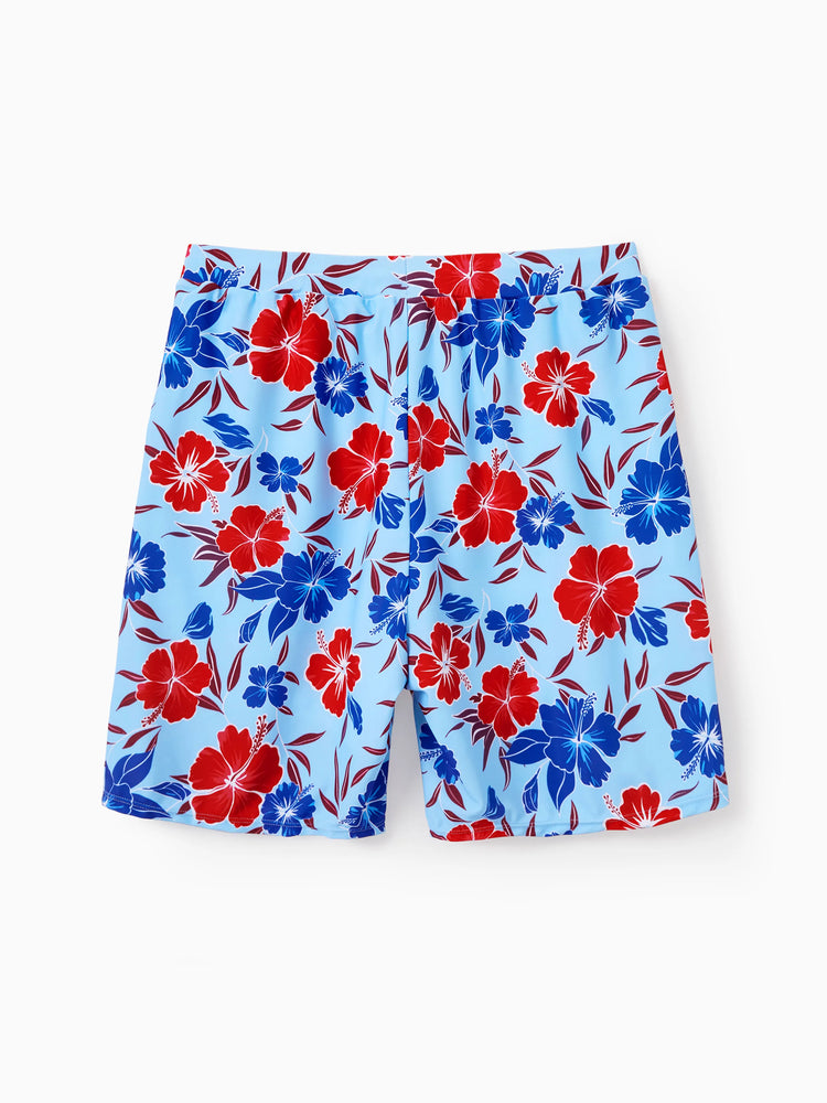Daddy & Daughter Swimwear Floral Print Bikini & Swim Trunks Set for Mom, Dad, & Kids, Perfect for Summer Beach Days & Pool Parties Red