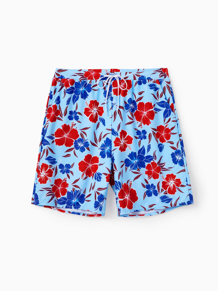 Papa & fils – Ensemble bikini et short de bain à imprimé floral pour maman, papa et enfants, parfait pour la plage et les fêtes à la piscine, couleur rouge