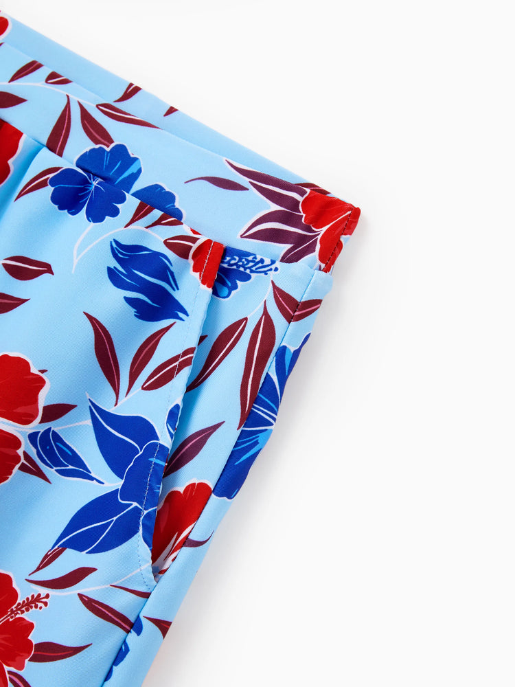 Daddy & Daughter Swimwear Floral Print Bikini & Swim Trunks Set for Mom, Dad, & Kids, Perfect for Summer Beach Days & Pool Parties Red