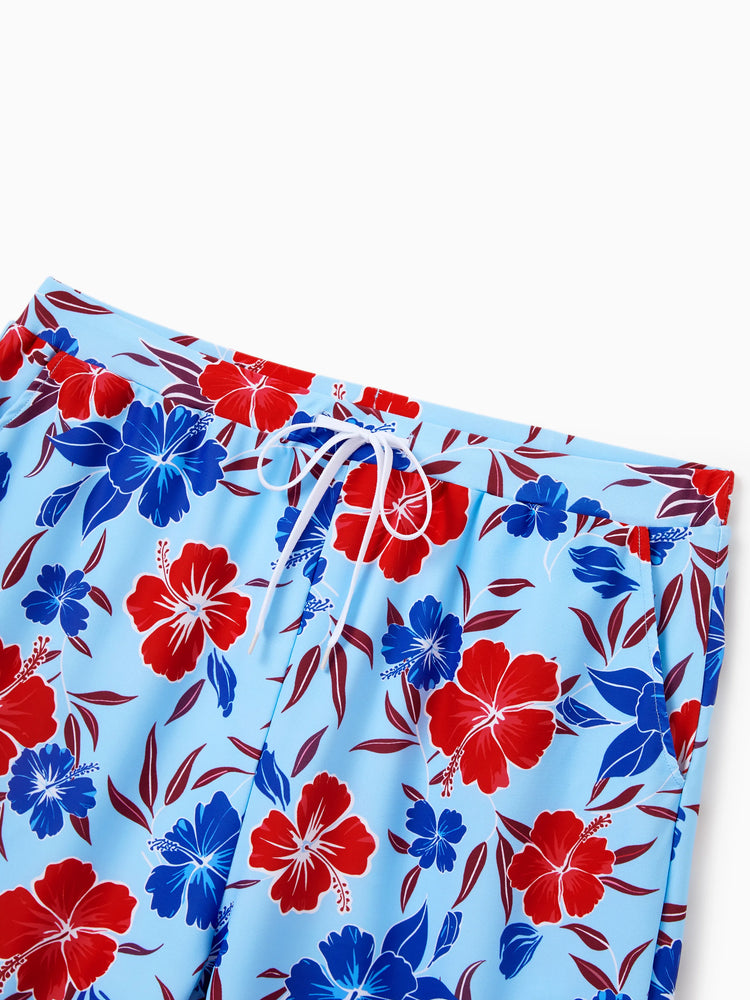 Daddy & Daughter Swimwear Floral Print Bikini & Swim Trunks Set for Mom, Dad, & Kids, Perfect for Summer Beach Days & Pool Parties Red