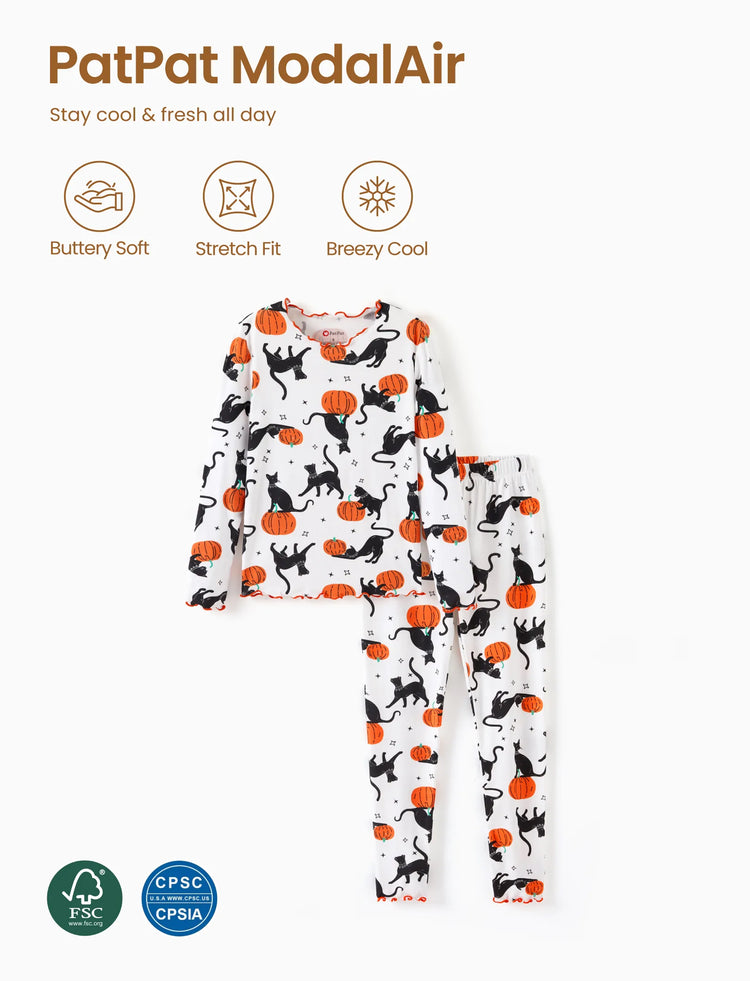 Pyjama d'Halloween 2 pièces en modal avec imprimé enfantin pour tout-petits/enfants (coupe ajustée) blanc