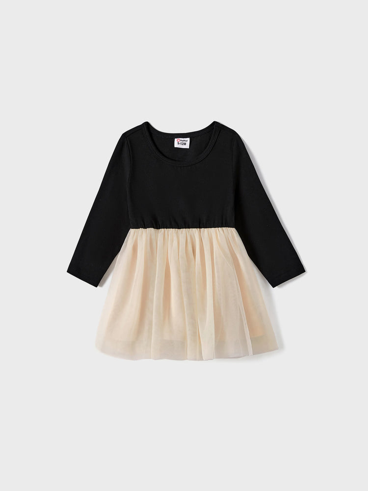 Family Matching Black-Almond Mesh Skirt and Classic Round Neck Long Sleeve Tops Sets Black