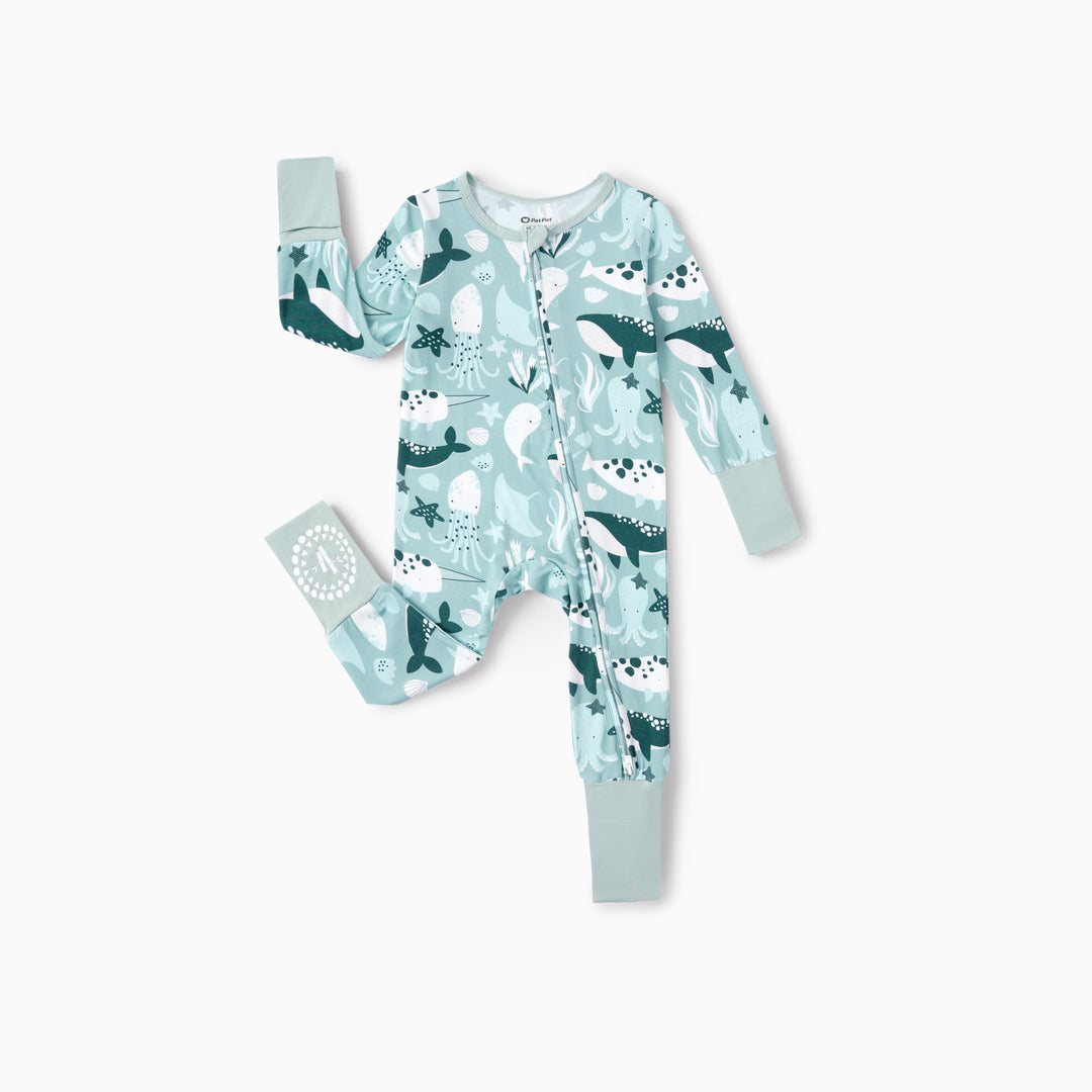 Bamboo Baby Boy/Girl 3-pack Animal Printed 2-Way Zip Onesies Anti Slip Long-sleeve Footie