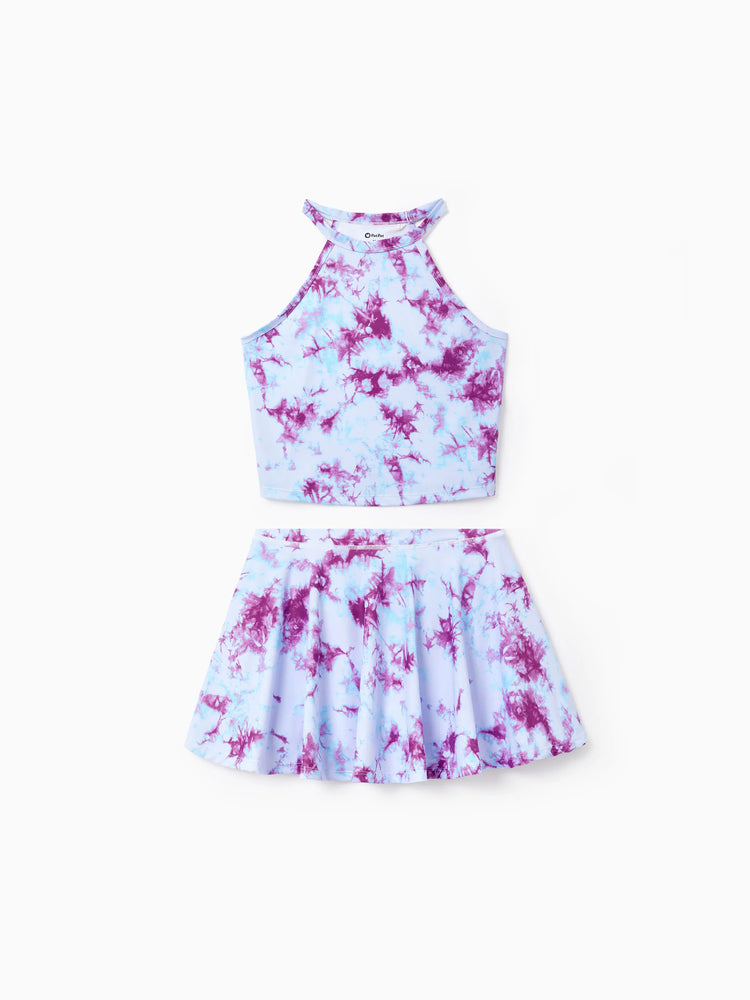 Matching Mommy and Me Tie Dye Skirt Set Halter Crop Top & Flowy Skirt Outfit, Cute Summer Twinning Looks for Vacation & Photos Purple