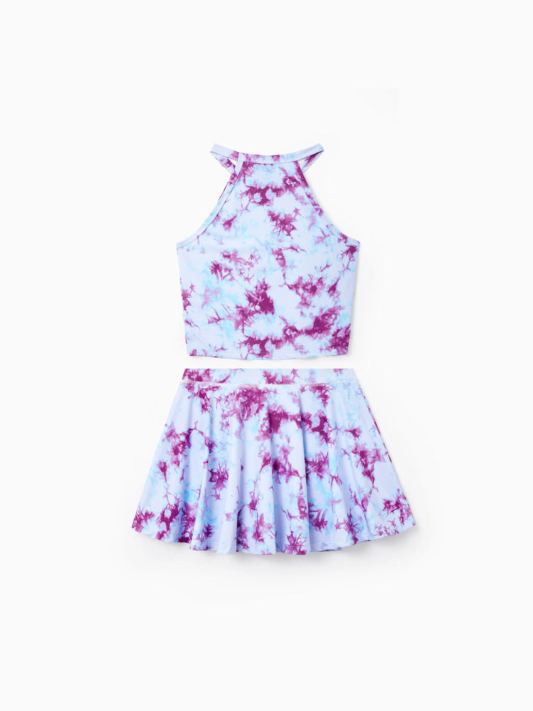 Matching Mommy and Me Tie Dye Skirt Set Halter Crop Top & Flowy Skirt Outfit, Cute Summer Twinning Looks for Vacation & Photos Purple