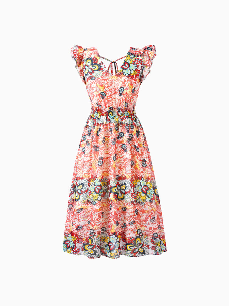 Mommy & me Casual Outfit Colorblock Polo Collar T-shirt or Floral Print Flutter Sleeveless Dress Set Orange red