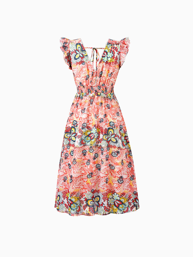 Mommy & me Casual Outfit Colorblock Polo Collar T-shirt or Floral Print Flutter Sleeveless Dress Set Orange red