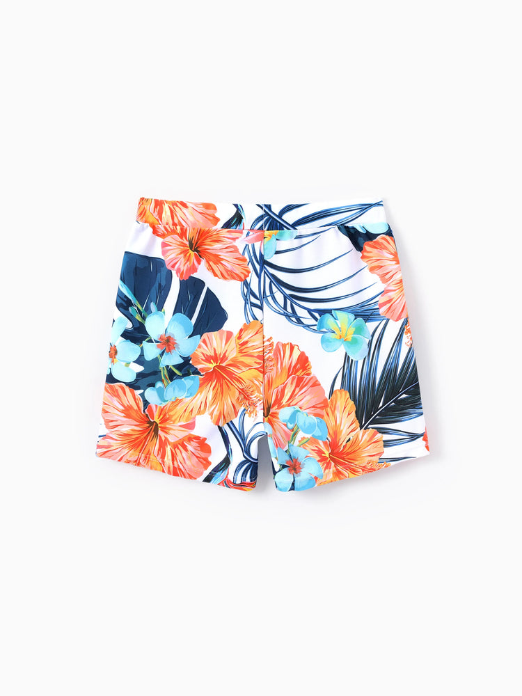 Mommy & me Swimwear Tropical Floral Bikini Set with Ruffle Top for Mom & Daughter, Board Shorts for Dad & Son, Bright Summer Beach Outfits Orange