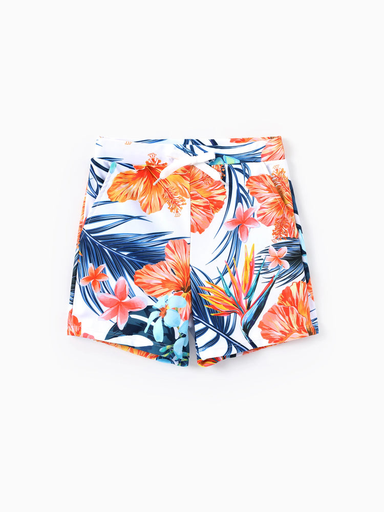 Daddy & Son Swimwear Tropical Floral Bikini Set with Ruffle Top for Mom & Daughter, Board Shorts for Dad & Son, Bright Summer Beach Outfits Orange