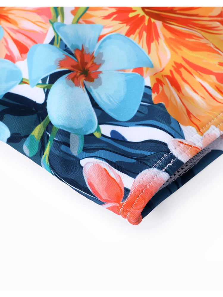 Daddy & Son Swimwear Tropical Floral Bikini Set with Ruffle Top for Mom & Daughter, Board Shorts for Dad & Son, Bright Summer Beach Outfits Orange