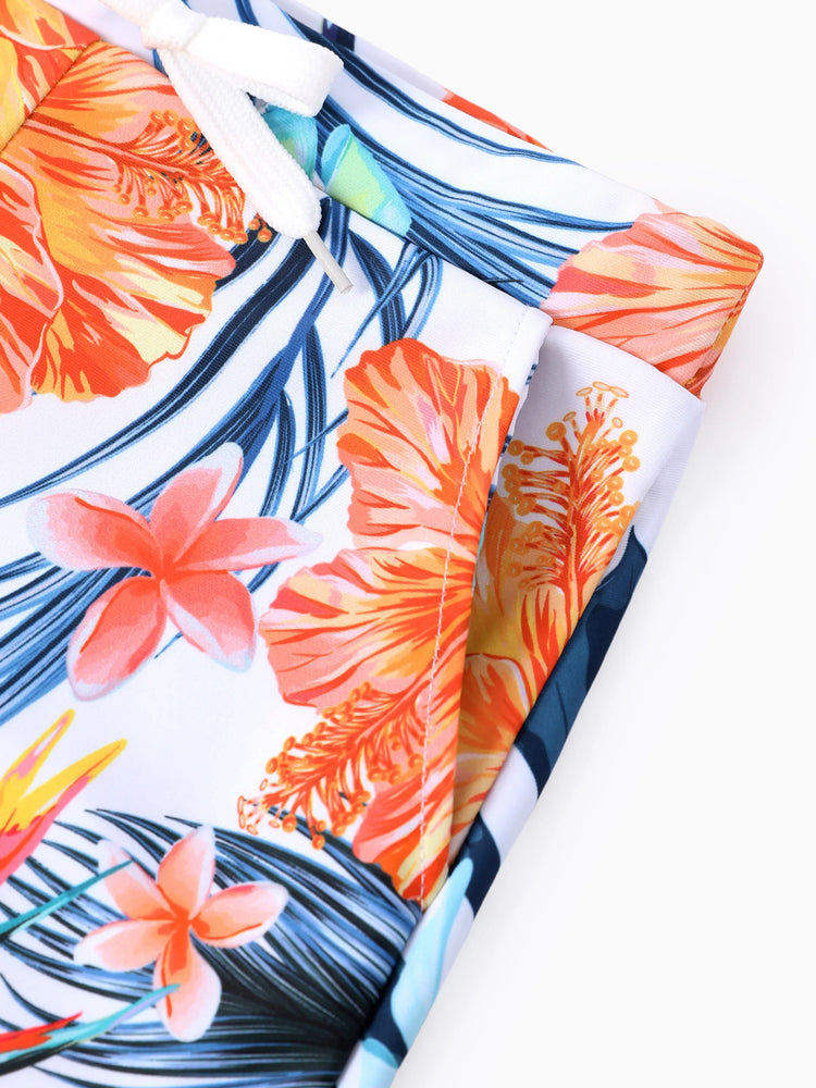 Matching Family Swimwear Tropical Floral Bikini Set with Ruffle Top for Mom & Daughter, Board Shorts for Dad & Son, Bright Summer Beach Outfits Orange