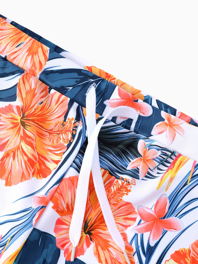 Matching Family Swimwear Tropical Floral Bikini Set with Ruffle Top for Mom & Daughter, Board Shorts for Dad & Son, Bright Summer Beach Outfits Orange