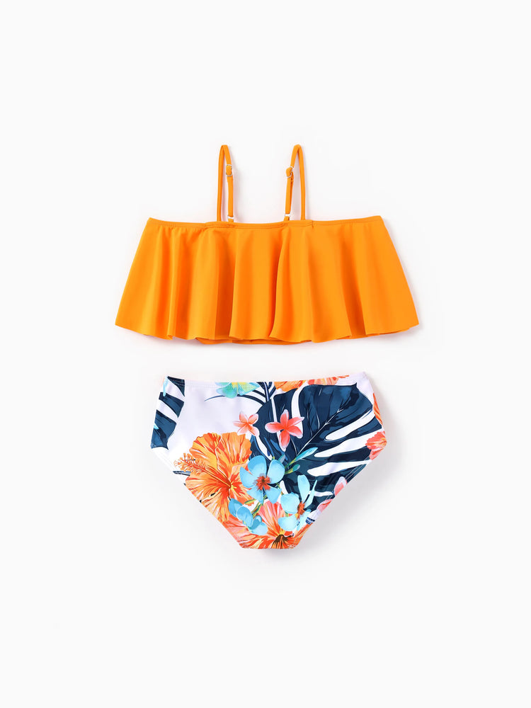 Matching Family Swimwear Tropical Floral Bikini Set with Ruffle Top for Mom & Daughter, Board Shorts for Dad & Son, Bright Summer Beach Outfits Orange
