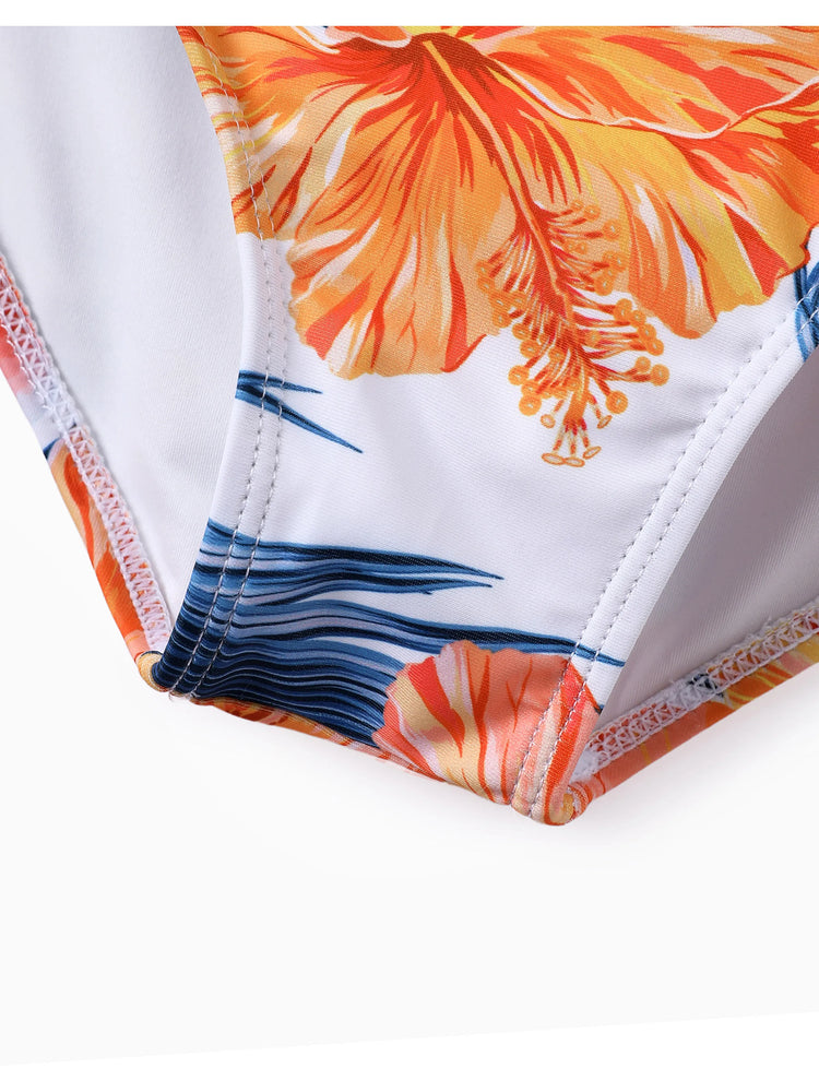Matching Family Swimwear Tropical Floral Bikini Set with Ruffle Top for Mom & Daughter, Board Shorts for Dad & Son, Bright Summer Beach Outfits Orange