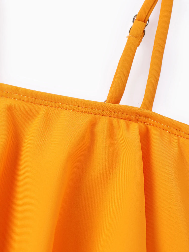 Mommy & me Swimwear Tropical Floral Bikini Set with Ruffle Top for Mom & Daughter, Board Shorts for Dad & Son, Bright Summer Beach Outfits Orange