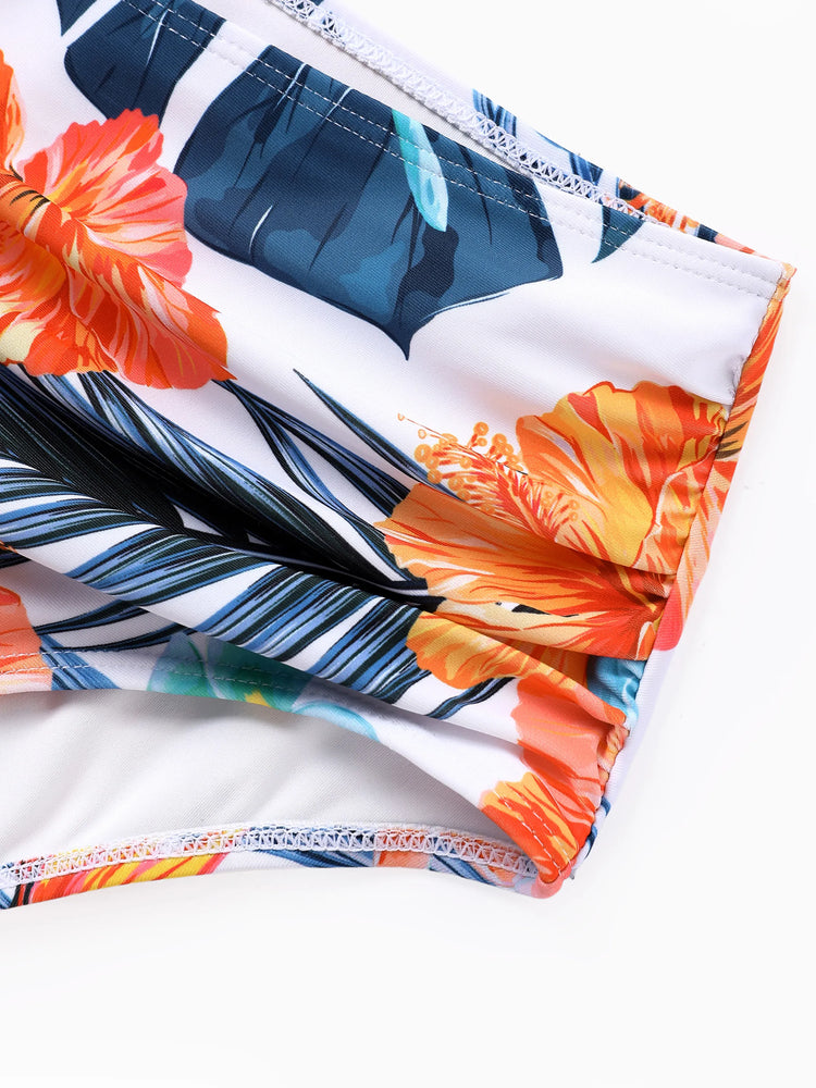 Matching Family Swimwear Tropical Floral Bikini Set with Ruffle Top for Mom & Daughter, Board Shorts for Dad & Son, Bright Summer Beach Outfits Orange