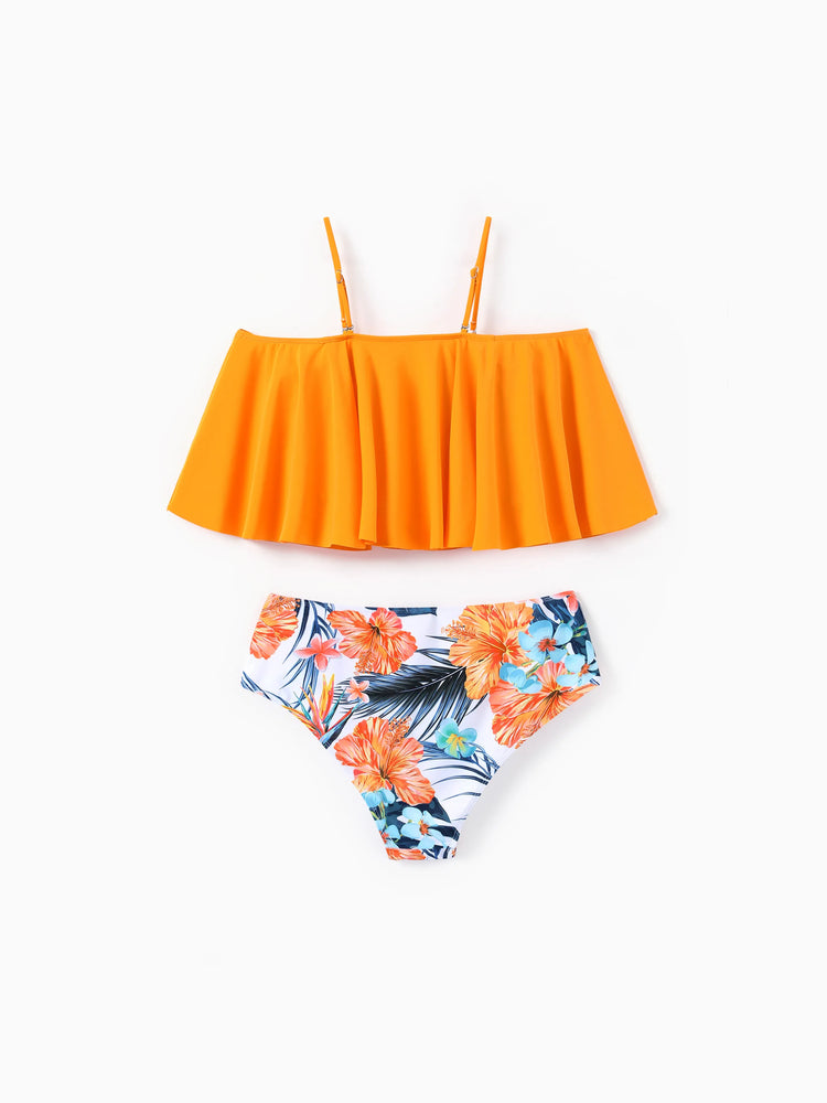 Mommy & me Swimwear Tropical Floral Bikini Set with Ruffle Top for Mom & Daughter, Board Shorts for Dad & Son, Bright Summer Beach Outfits Orange