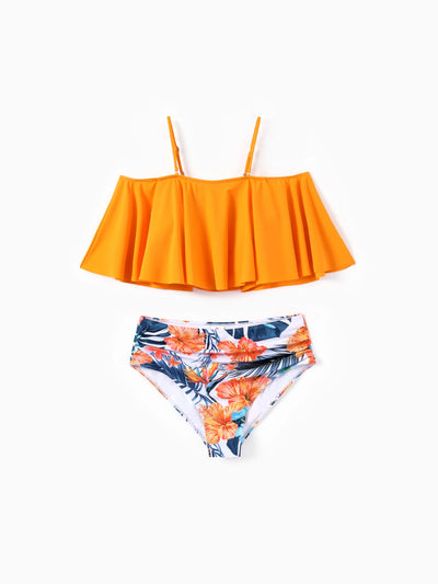 Matching Family Swimwear Tropical Floral Bikini Set with Ruffle Top for Mom & Daughter, Board Shorts for Dad & Son, Bright Summer Beach Outfits Orange