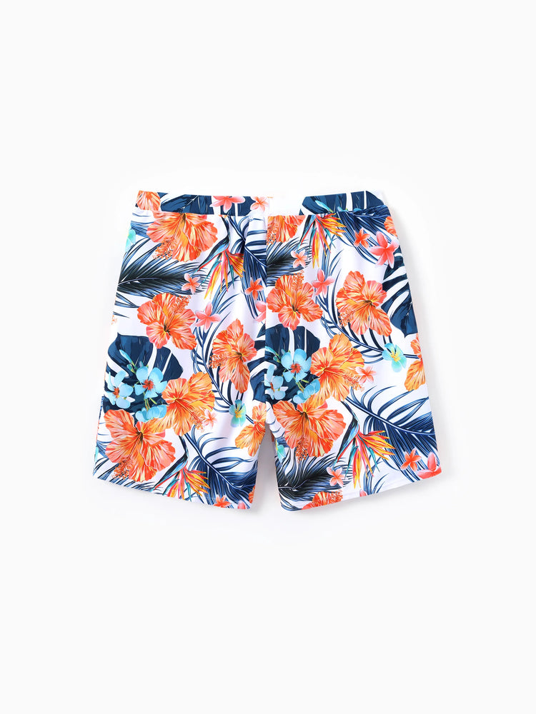Matching Family Swimwear Tropical Floral Bikini Set with Ruffle Top for Mom & Daughter, Board Shorts for Dad & Son, Bright Summer Beach Outfits Orange