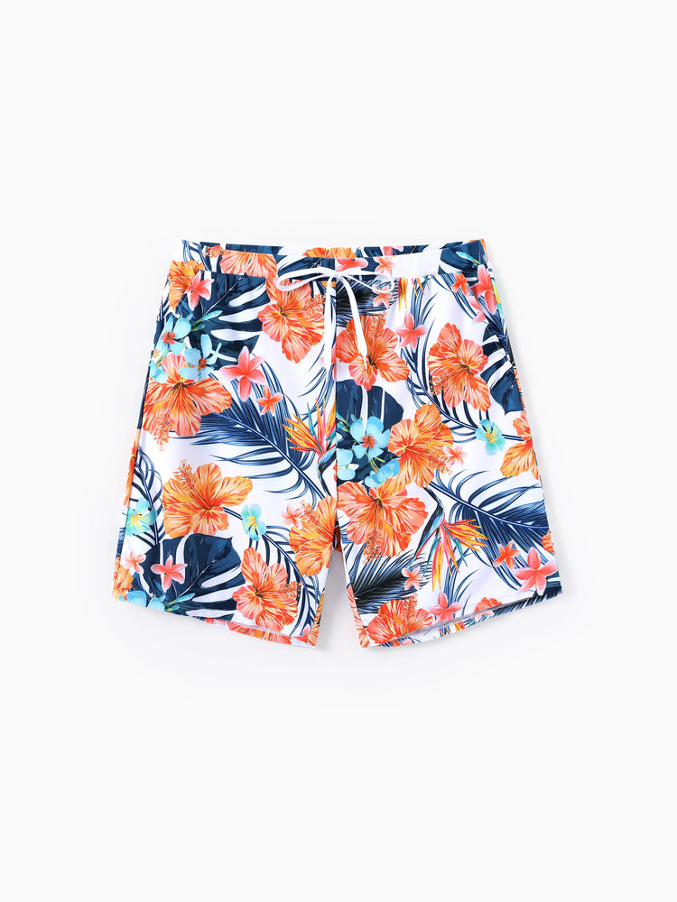 Daddy & Daughter Swimwear Tropical Floral Bikini Set with Ruffle Top for Mom & Daughter, Board Shorts for Dad & Son, Bright Summer Beach Outfits Orange