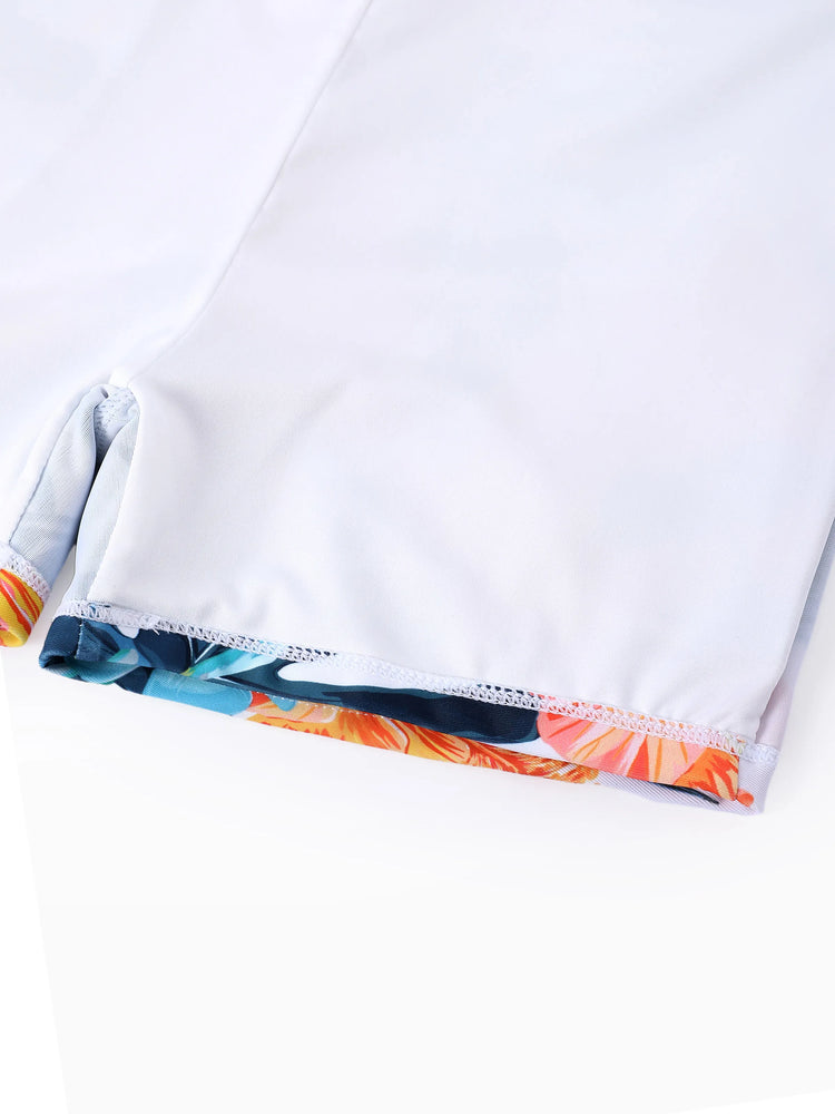 Daddy & Son Swimwear Tropical Floral Bikini Set with Ruffle Top for Mom & Daughter, Board Shorts for Dad & Son, Bright Summer Beach Outfits Orange