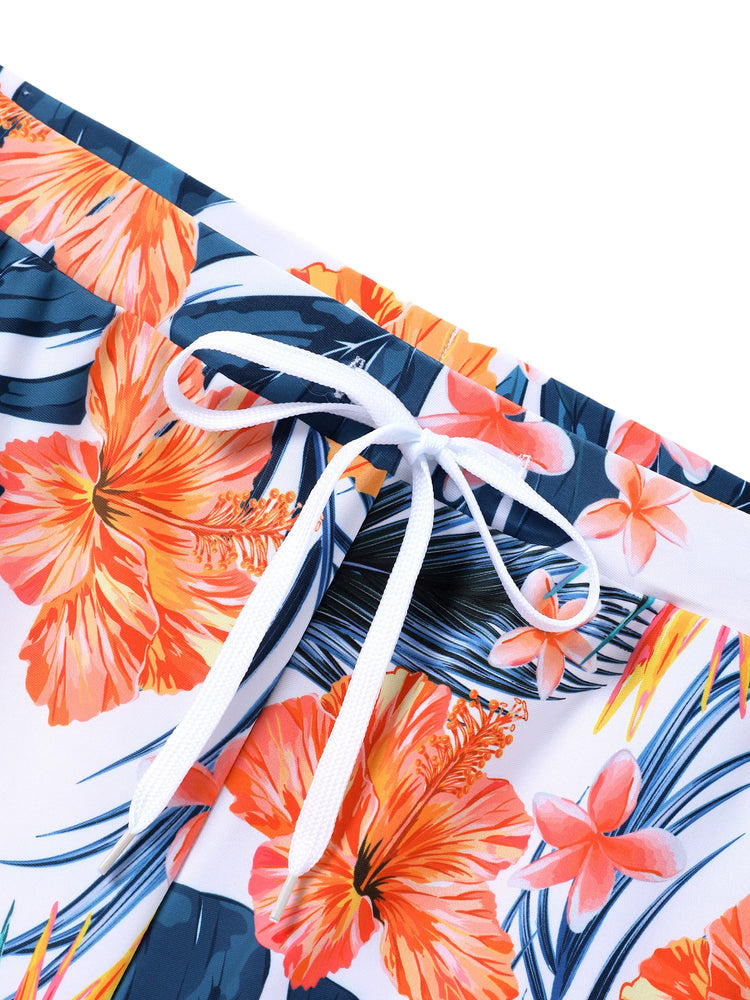 Daddy & Daughter Swimwear Tropical Floral Bikini Set with Ruffle Top for Mom & Daughter, Board Shorts for Dad & Son, Bright Summer Beach Outfits Orange