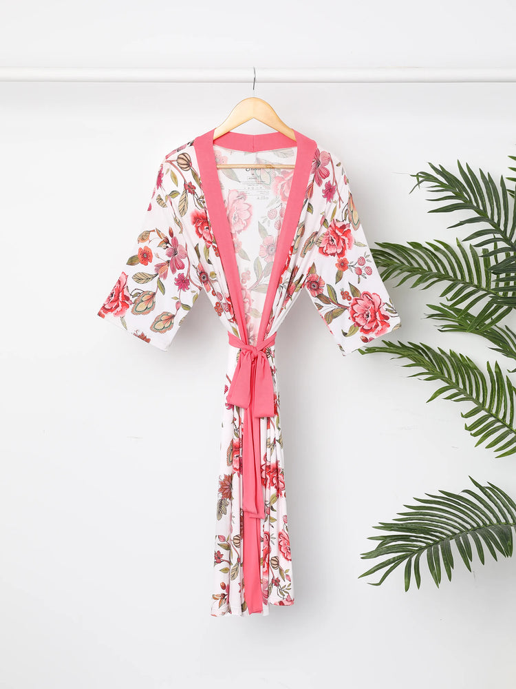 Newborn Bamboo Set for Mommy and Me Floral Bamboo Robe for Mom, Soft Swaddle Blanket with Hat, Gentle & Breathable for Newborn Essentials Peach  Pink