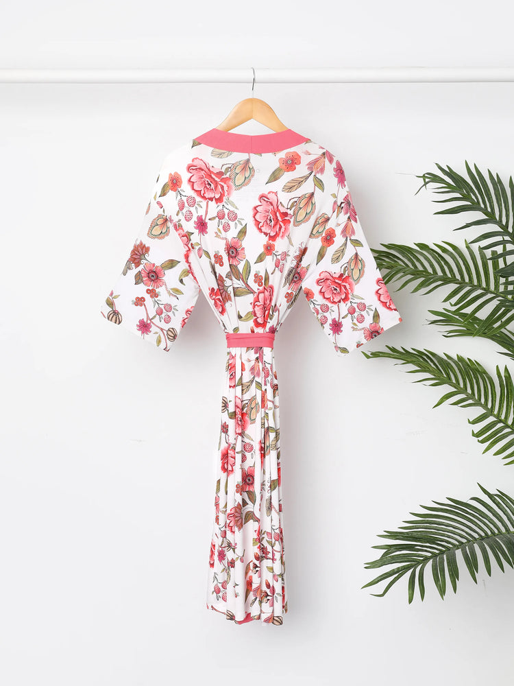 Newborn Bamboo Set for Mommy and Me Floral Bamboo Robe for Mom, Soft Swaddle Blanket with Hat, Gentle & Breathable for Newborn Essentials Peach  Pink