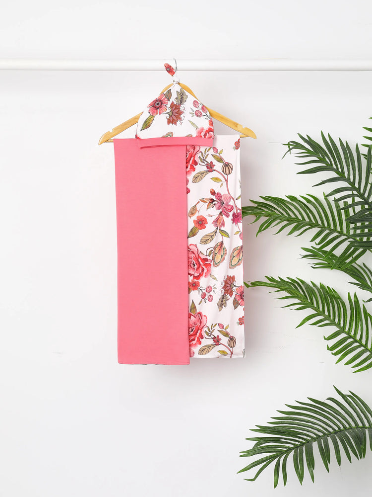 Newborn Bamboo Set for Mommy and Me Floral Bamboo Robe for Mom, Soft Swaddle Blanket with Hat, Gentle & Breathable for Newborn Essentials Peach  Pink