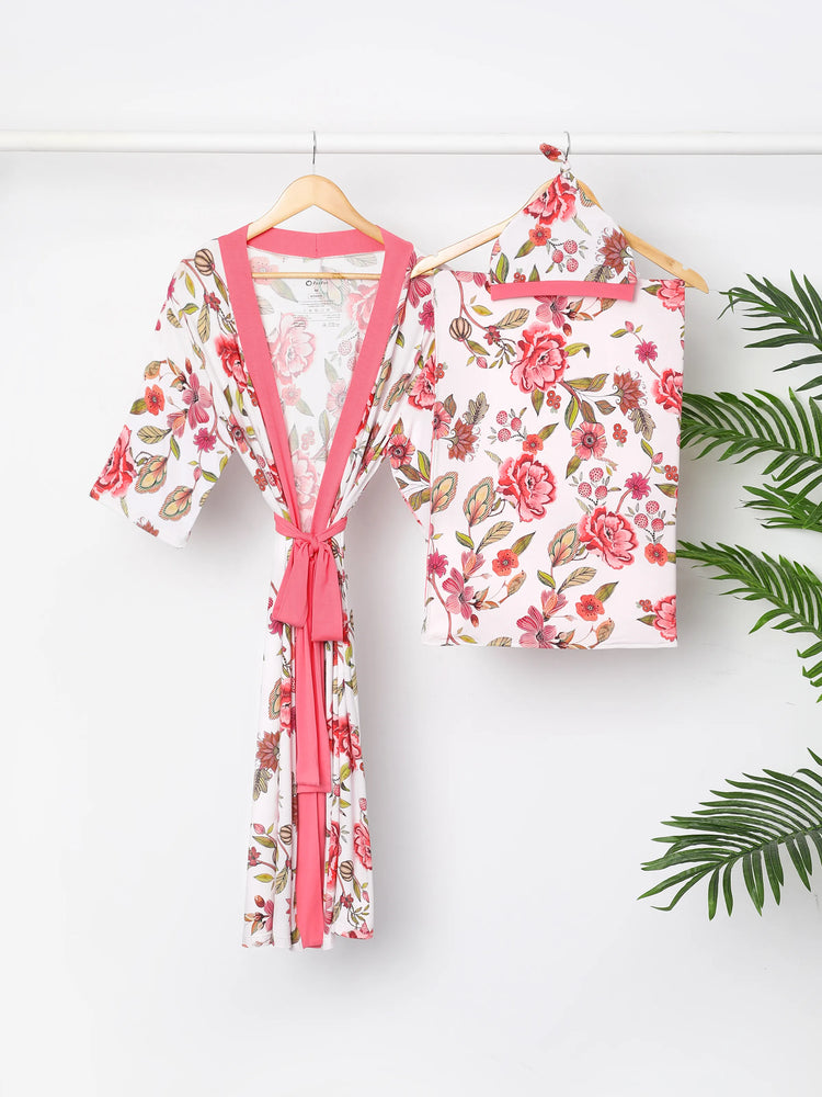 Newborn Bamboo Set for Mommy and Me Floral Bamboo Robe for Mom, Soft Swaddle Blanket with Hat, Gentle & Breathable for Newborn Essentials Peach  Pink