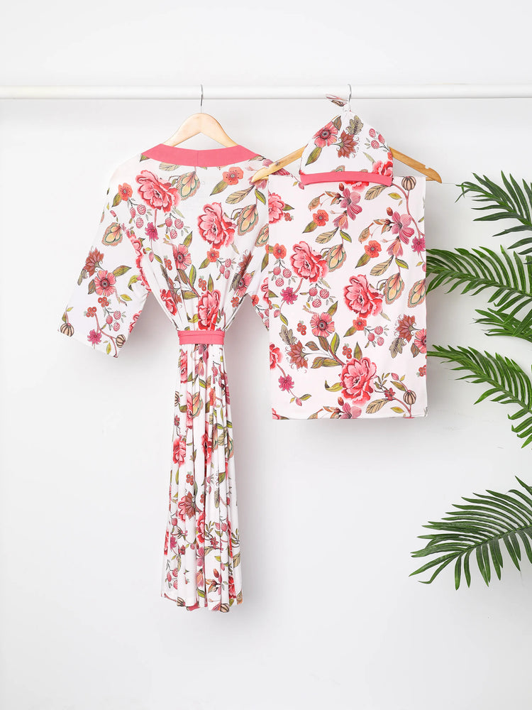 Newborn Bamboo Set for Mommy and Me Floral Bamboo Robe for Mom, Soft Swaddle Blanket with Hat, Gentle & Breathable for Newborn Essentials Peach  Pink