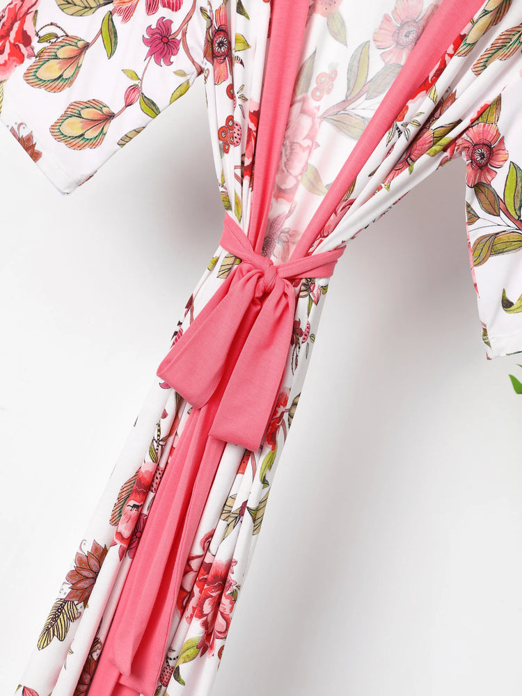 Newborn Bamboo Set for Mommy and Me Floral Bamboo Robe for Mom, Soft Swaddle Blanket with Hat, Gentle & Breathable for Newborn Essentials Peach  Pink