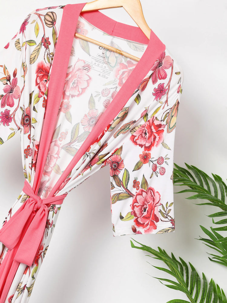 Newborn Bamboo Set for Mommy and Me Floral Bamboo Robe for Mom, Soft Swaddle Blanket with Hat, Gentle & Breathable for Newborn Essentials Peach  Pink