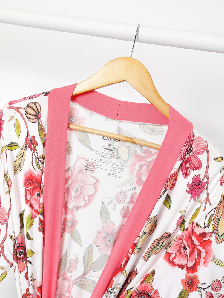 Newborn Bamboo Set for Mommy and Me Floral Bamboo Robe for Mom, Soft Swaddle Blanket with Hat, Gentle & Breathable for Newborn Essentials Peach  Pink