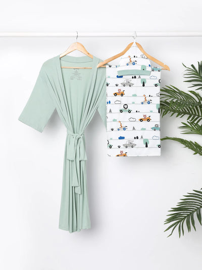 Newborn Bamboo Set for Mom & Baby Ultra Soft Bamboo Robe for Mom, Swaddle Blanket with Hat, Breathable & Gentle for Newborn Care Mint Green