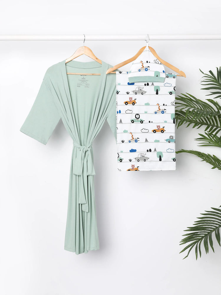 Newborn Bamboo Set for Mom & Baby Ultra Soft Bamboo Robe for Mom, Swaddle Blanket with Hat, Breathable & Gentle for Newborn Care Mint Green