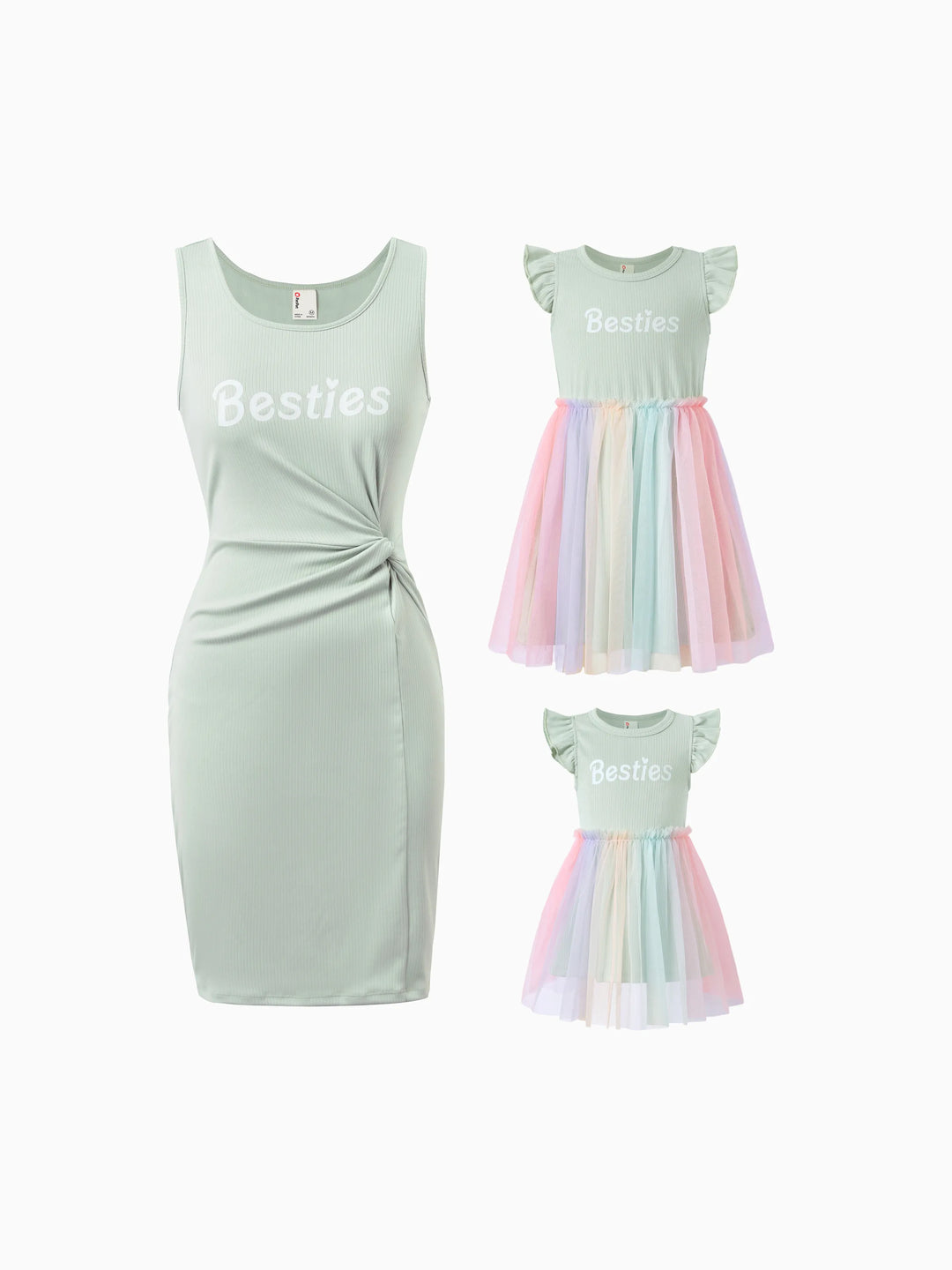 Vestidos a juego para niñas pequeñas/niñas "Mejores amigas" con falda de tul pastel, perfectos para salidas familiares y fotos Verde pálido