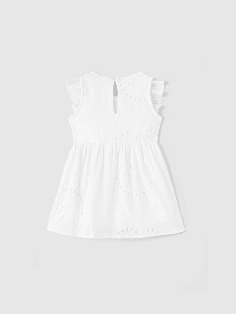 Matching Mom & Me Cotton Dress Eyelet Smocked Dresses with Ruffled Straps, Perfect for Summer Outings & Family Photos White