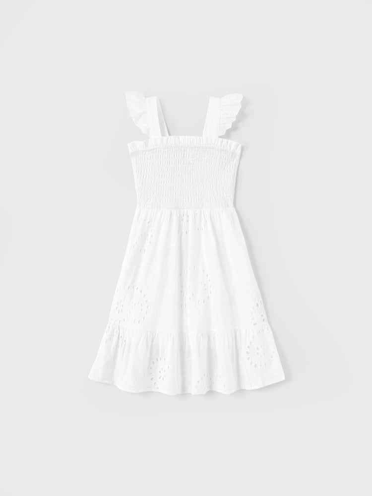 Matching Mom & Me Cotton Dress Eyelet Smocked Dresses with Ruffled Straps, Perfect for Summer Outings & Family Photos White