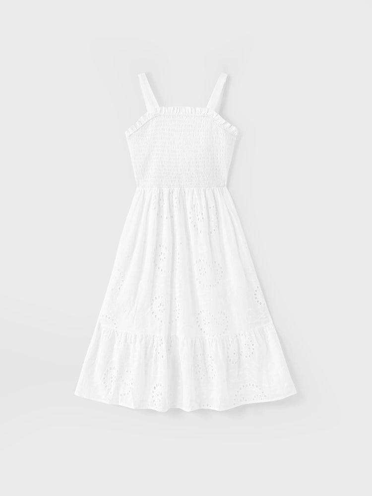 Matching Mom & Me Cotton Dress Eyelet Smocked Dresses with Ruffled Straps, Perfect for Summer Outings & Family Photos White