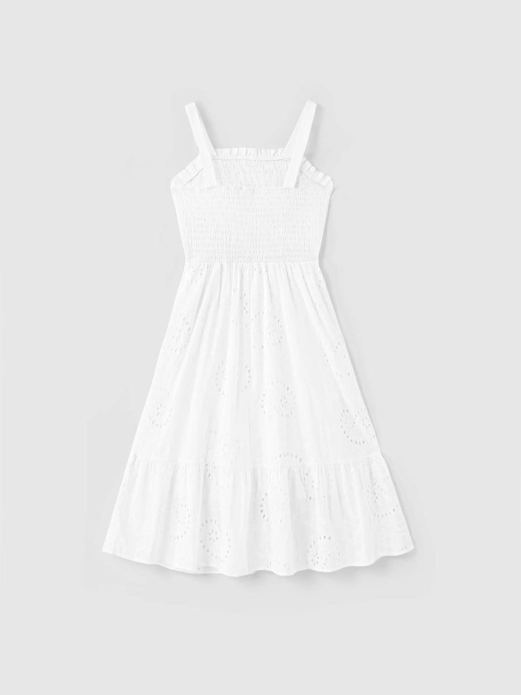 Matching Mom & Me Cotton Dress Eyelet Smocked Dresses with Ruffled Straps, Perfect for Summer Outings & Family Photos White