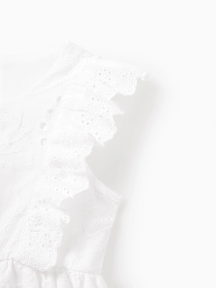 Matching Mom & Me Cotton Dress Eyelet Smocked Dresses with Ruffled Straps, Perfect for Summer Outings & Family Photos White